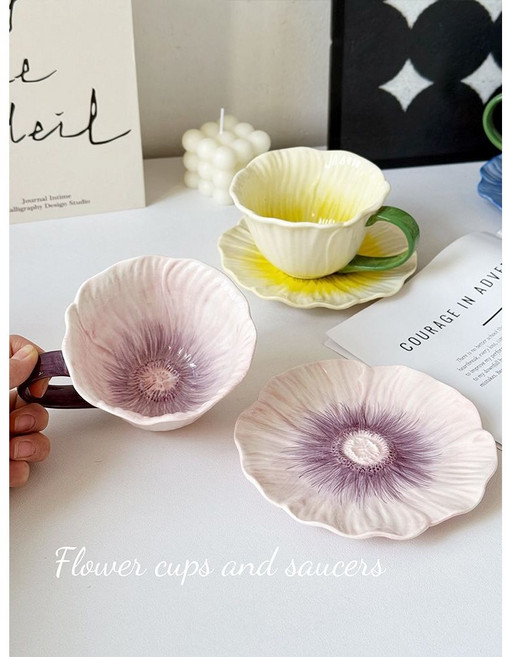 3D꽃잎 디자인 세라믹 컵 꽃모양 세라믹 커피컵 세트 350ml 4개, 노란색, 1개