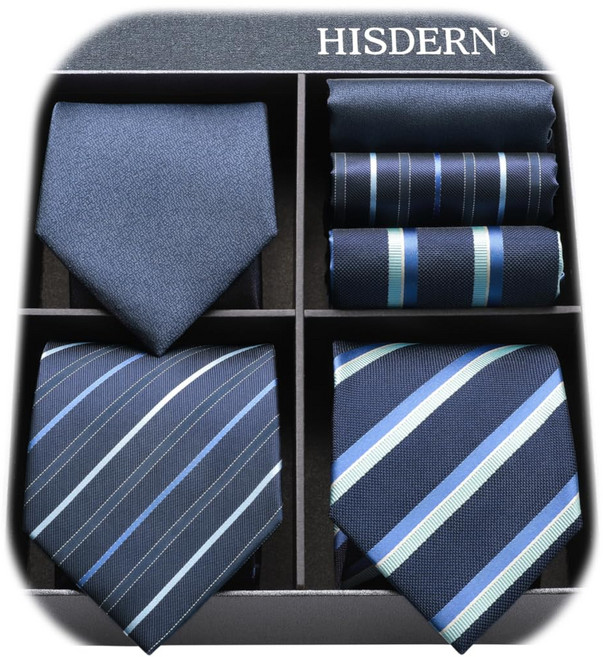 [HISDERN] 넥타이세트 비즈니스 레드 웨딩 넥타이 3종세트 with 치프 남성용 블루 스타일리시 정장 브랜드 선물 아버지의날 T3-01, 상세페이지 참조