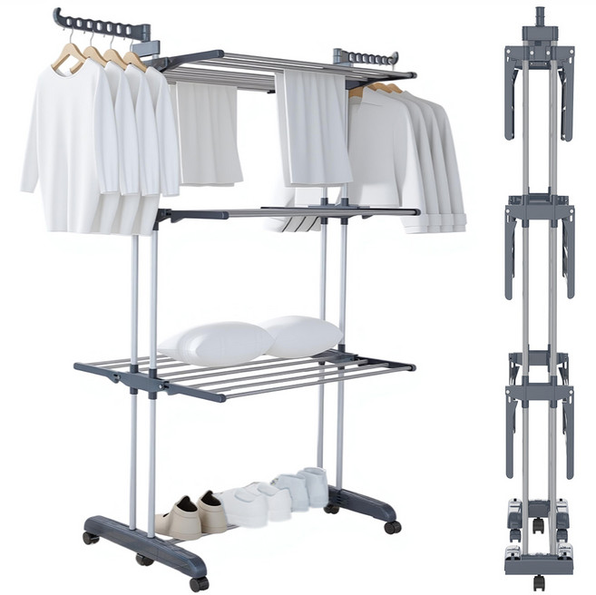 레퓰리 접이식 빨래건조대 특대형 대형 3단 4단 튼튼 이불건조대 이동식 공간절약 원룸 베란다 다용도, 그레이