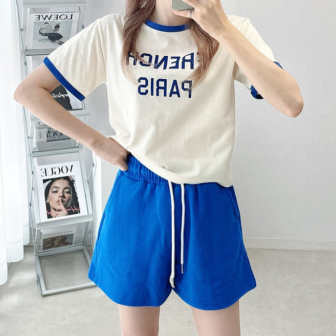 [꾸안꾸/데일리]크롭 레터링 프린팅 프렌치 배색 랍빠 세미크롭 티셔츠 (4color)