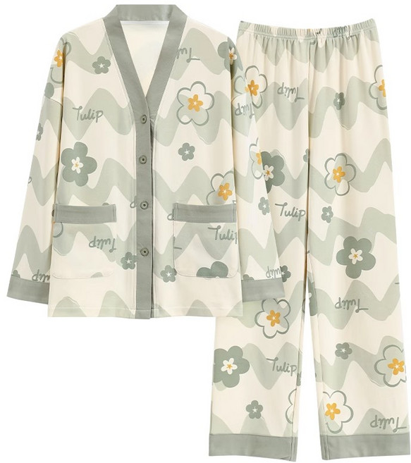 ANYOU 여성용 순면 잠옷 상하의 세트 데일리 빅사이즈 긴팔 홈웨어 세트