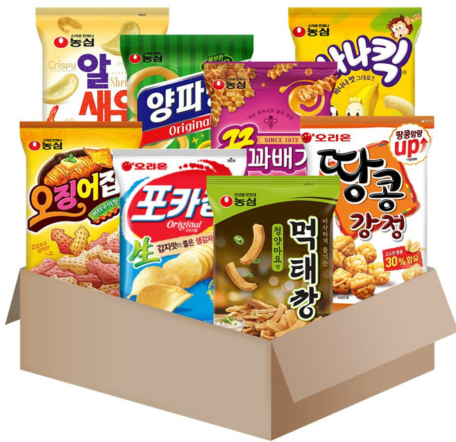 메리박스 봉지과자 스낵8종세트1호 (먹태깡+꿀꽈배기+포카칩+양파링+오징어집+알새우칩+바나나킥+땅콩강정), 1세트, 스낵8종1호