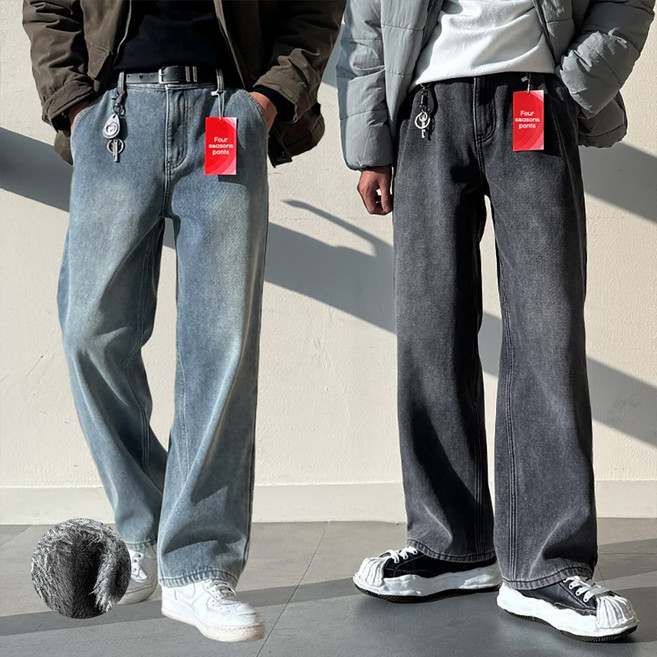 남자 빅사이즈 기모 겨울 본딩 샌드워싱 세미 와이드 뒷밴딩 청바지 데님 팬츠