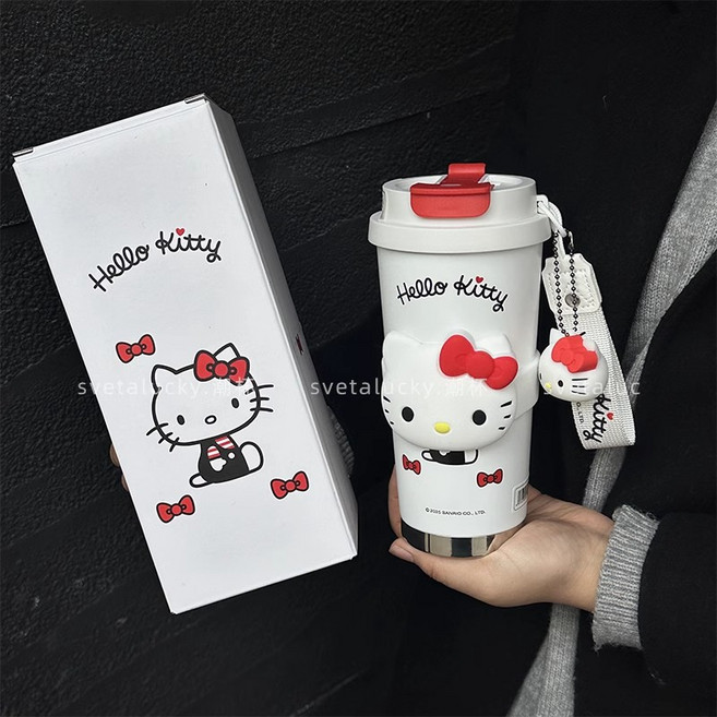 다나에 산리오 선물 520ML 헬로 키티 쿠로미 휴대용 손잡이 +피규어 팬던트 커피 보냉 빨대 뚜껑 텀블러+머리핀, 1개, 화이트-키티