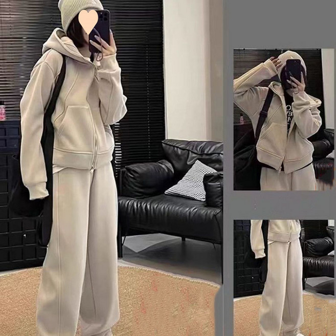 FANSYLI 캐주얼 트레이닝복 세트 가을 겨울 여성 후드집업+스포츠 와이드 팬츠 투피스 W2507J27