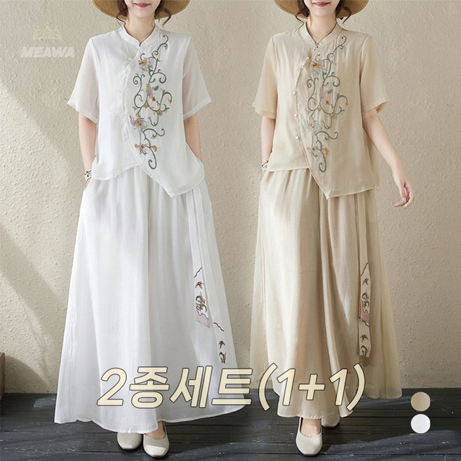 MEAWA 1+1 여성 생활한복 여름 모시옷 세트 면마 개량한복 린넨 자수 상하의