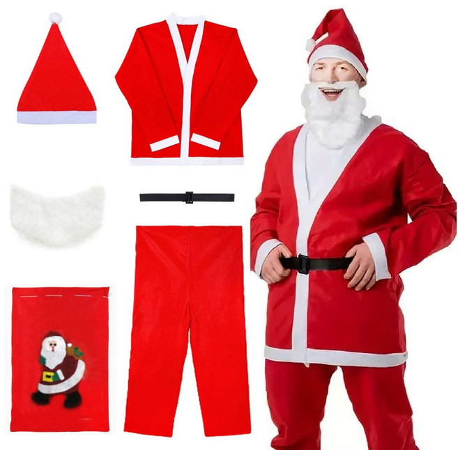 ROOICE 크리스마스 산탁복 성인용 산타옷 6종세트 상의+하의+벨트+모자+수염+선물주머니
