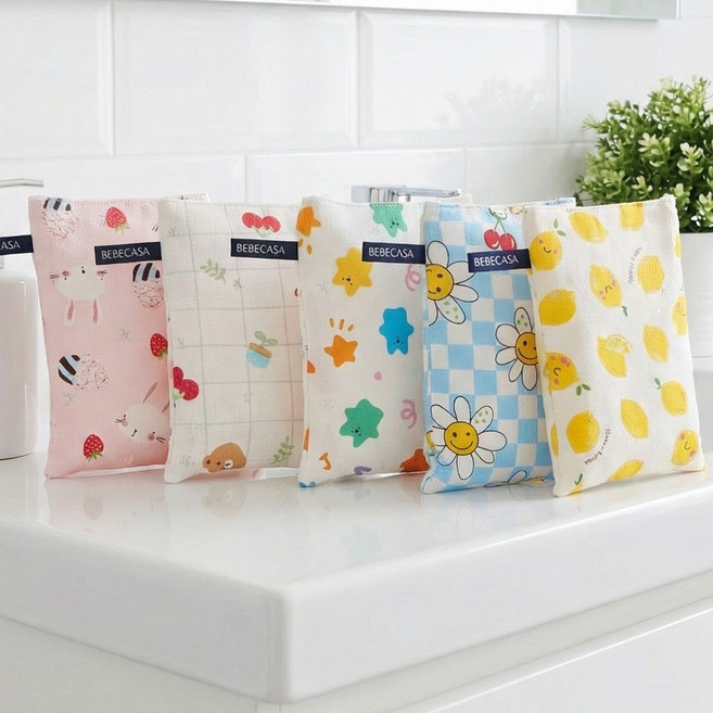 인견 때타올 5장 KC인증 특허 때밀이 그린 옐로우 등밀이, 03.딸기토끼+체리베어+곰젤리+스마일블루+퍼니레몬, 1세트, 5매