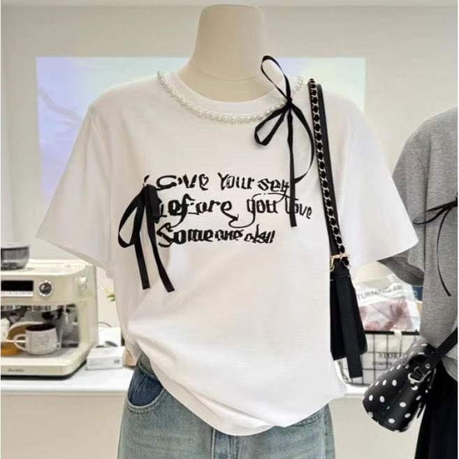 진주 리본 구슬 큐빅 장식 레터링 반팔 티 여자 여름 루즈핏 상의 라운드넥 루즈핏 상의 빈티지 칼라 프린트 블라우스 프리미엄 패턴 댄스복