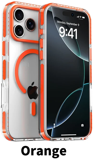 고급 PE 스트라이프 테두리 마그네틱 무선 충전 투명 폰케이스 (아이폰 17 에어 Pro Max 호환), 03 Orange, 14 아이폰 16 프로 맥스