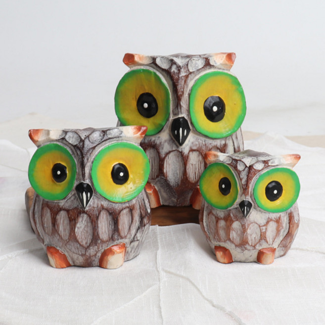 발리 세가족 목각 부엉이(3p_내츄럴) 장식소품 풍수인테리어소품 나무인형