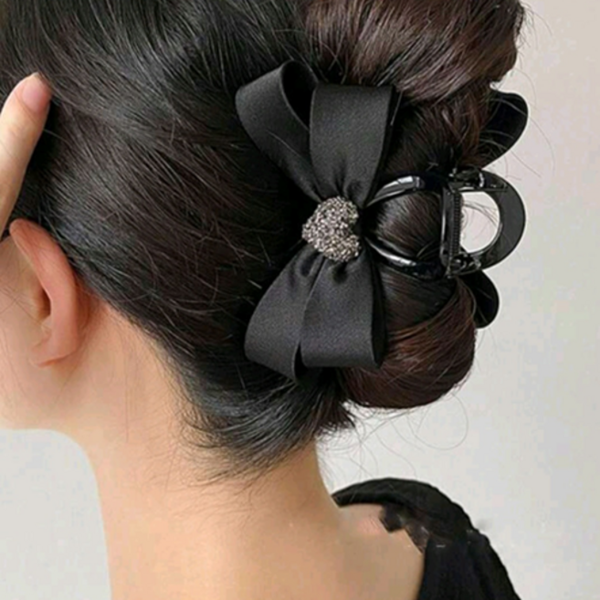 하트새틴리본올림머리집게핀