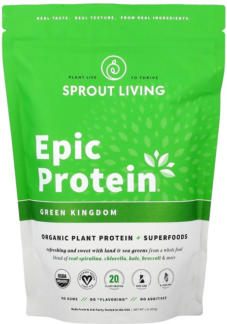 Sprout Living Epic Protein® 유기농 식물 단백질 + 슈퍼 푸드 그린 킹덤 456g(1lb) Living (스프라우트 리빙), 1개, 456g - 쿠팡