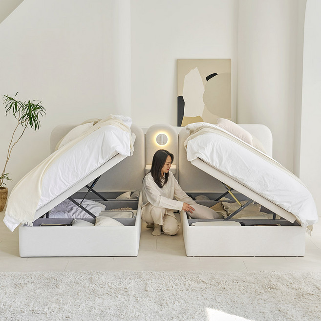 아씨방가구 플랜스 트윈 부부 리프트업 조명 패브릭 호텔 침대 SS 2개+조명협탁, 아이보리, 침대프레임+지퍼형 오가닉 매트 2개 (협탁포함)