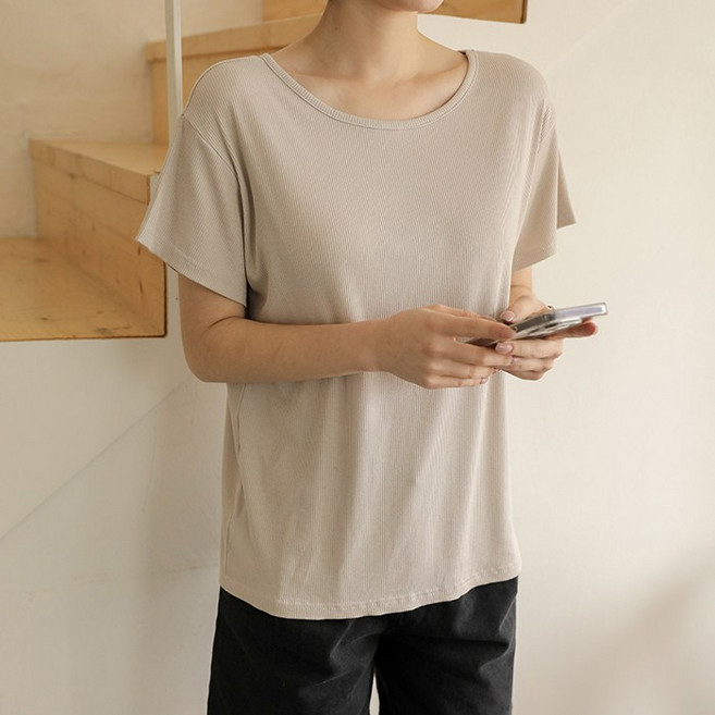 빼빼 여성용 넓은 라운드넥 루즈핏 골지 스판 반팔 티셔츠