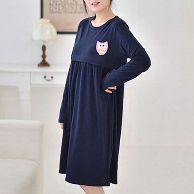 부엉이패치수유원피스 긴팔 지퍼형 수유복 임부복 임산부원피스