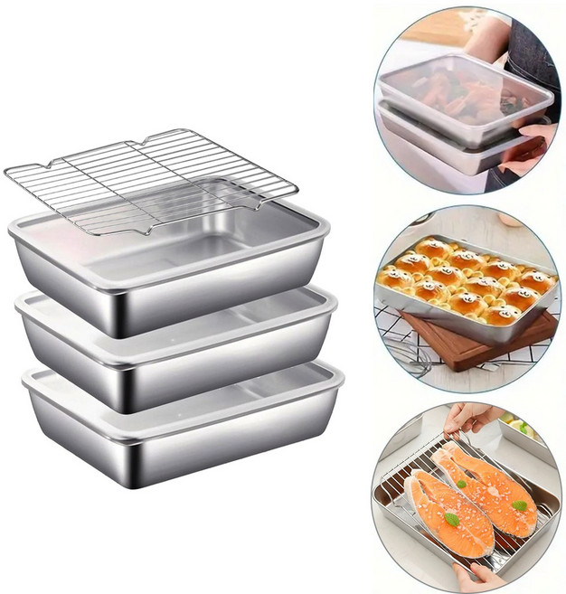 Oyoson 스텐밧드 바트 주방용품 세트 사각 트레이, 1개, 스텐용기 3개, 스텐망3개, 뚜껑 3개