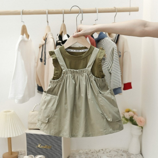 구빠방 아동 프릴 민소매 나시 티 멜빵 밴딩 플레어 원피스 세트 투피스