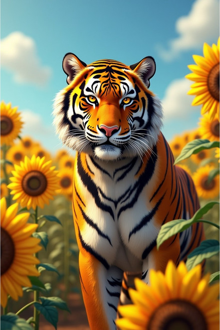 유화그리기 세트 근엄한 호랑이와 해바라기 꽃 화창한 오후 풀패키지 DIY, 60x80cm나무캔버스+물감+붓세트, 1개