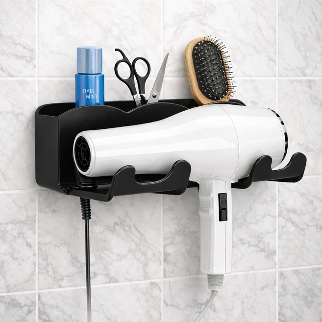 젠토 벽에딱 무타공 헤어드라이기 거치대, 블랙, 1개