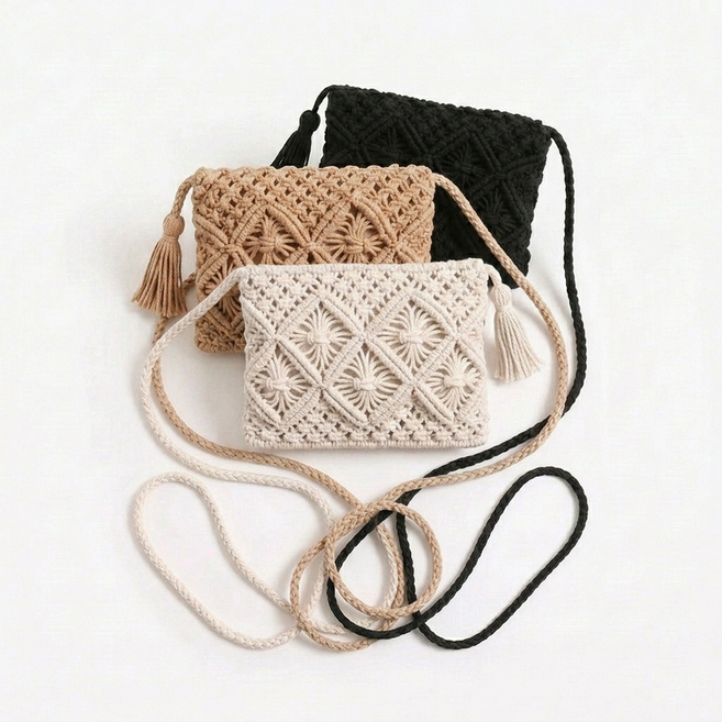 波希米亞風編織流蘇斜背包 棉線編織度假風小方包