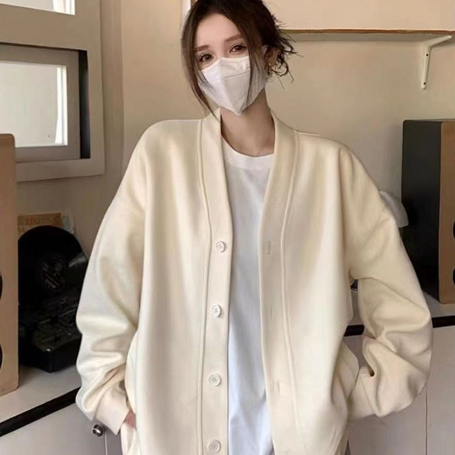 여성 캐주얼 V넥 오버핏 카디건 부드러운 면 소재 심플한 데일리 카디건