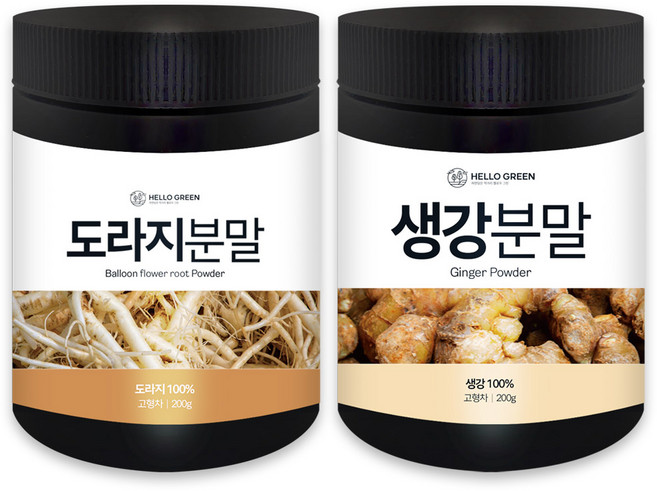 헬로우그린 국산 도라지분말 200g+생강가루 200g(통) 원물100% 건강차세트 환절기 목관리 도라지생강차, 200g, 1세트