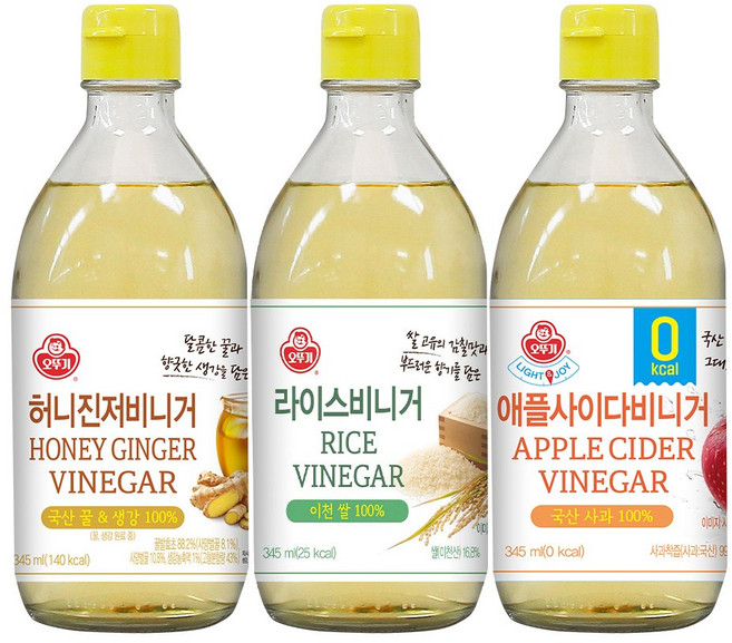 오뚜기 라이스비니거 345ml 1개+애플사이다비니거 345ml 1개+허니진저비니거 345ml 1개(총 3개), 3개
