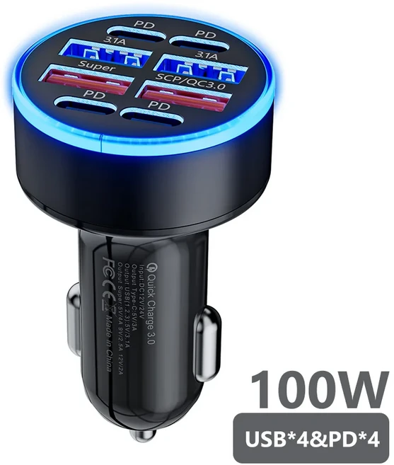 100W 6 포트 차량용 충전기 빠른 충전 USB 유형 C 라이터 PD QC30 iPhone 용 전화 Samsung Huawei Xiaomi, 01 Black 8-Port