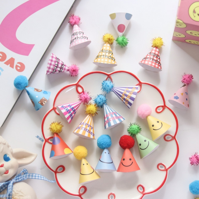 NEW미니고깔모자(12개)입체동물 케이크 폼폼이 고깔모자토퍼, 체크스마일