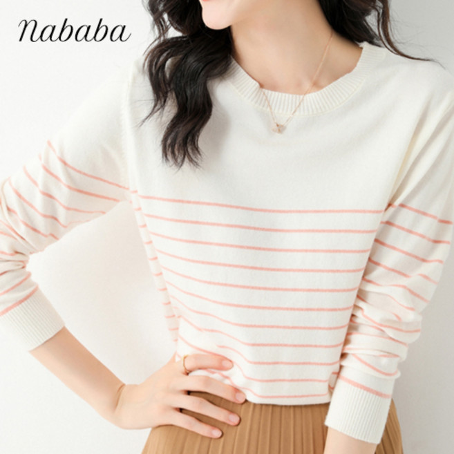 나바바 NK752 여성 데일리 코디 단가라 캐주얼 니트티