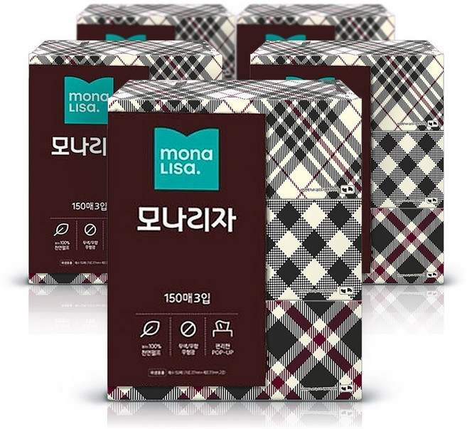 모나리자 미용티슈 천연펄프 무색 무향 150매3입 5팩, 5개