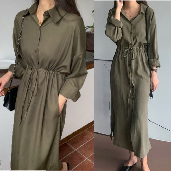 핏몬 여성 루즈핏 셔츠 봄 가을 카키 롱 원피스