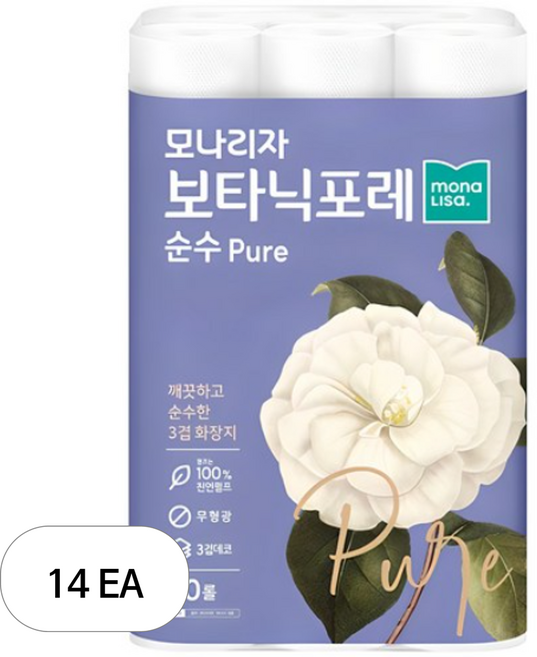 모나리자 보타닉포레 순수 천연펄프 3겹 롤화장지 27 m, 27m, 30롤, 14개