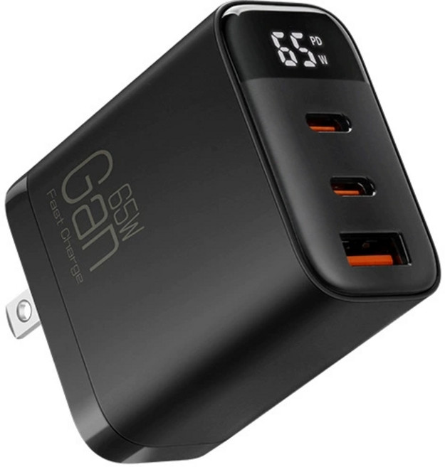 阿瑟3C GaN氮化鎵65W數顯快充頭 三孔充電器, 黑色, 1個
