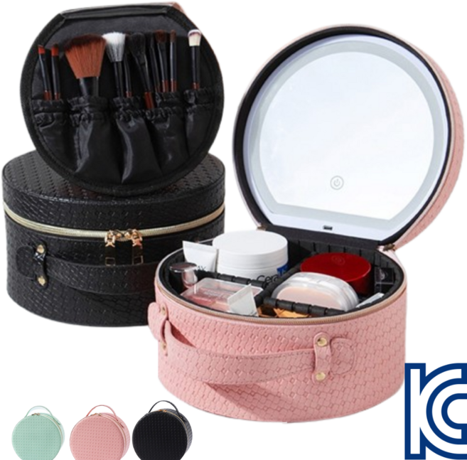 프라홈 라운드 LED 메이크업 하드 케이스 방수 파우치 가방, 블랙