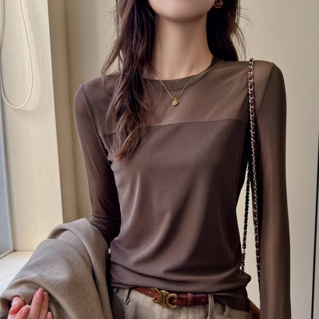 Couchsurfing 여성용 시스루 배색 라운드넥 슬림핏 긴소매 이너 티셔츠