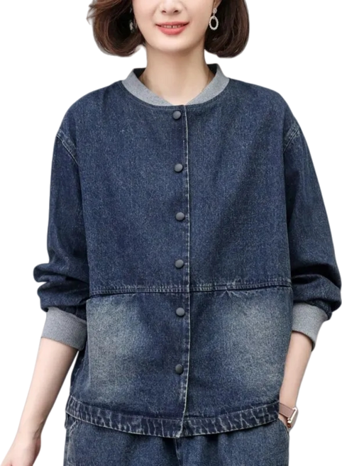 Makone 여성 봄 가을 데님 루즈핏 노카라 라운드넥 캐주얼 자켓