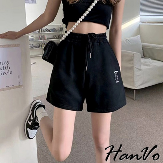 HanVo 站立熊休閒五分褲 韓系百搭寬鬆短褲 女生顯瘦褲