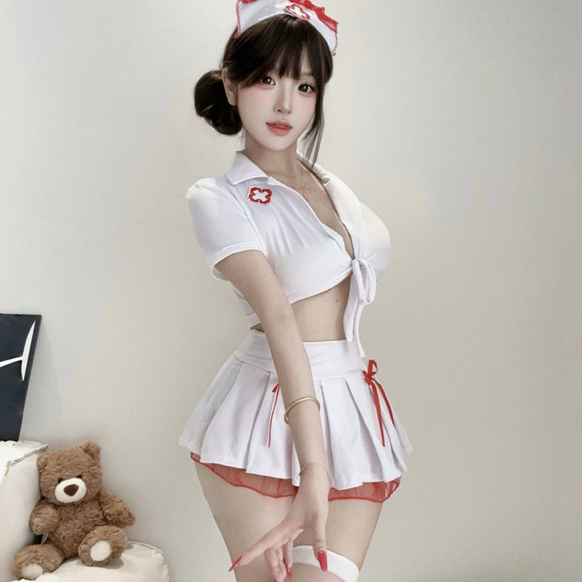 코스프레 섹시 간호사복 크롭 반팔티 미니 플리츠 스커트 상하의세트 코스튬 할로윈