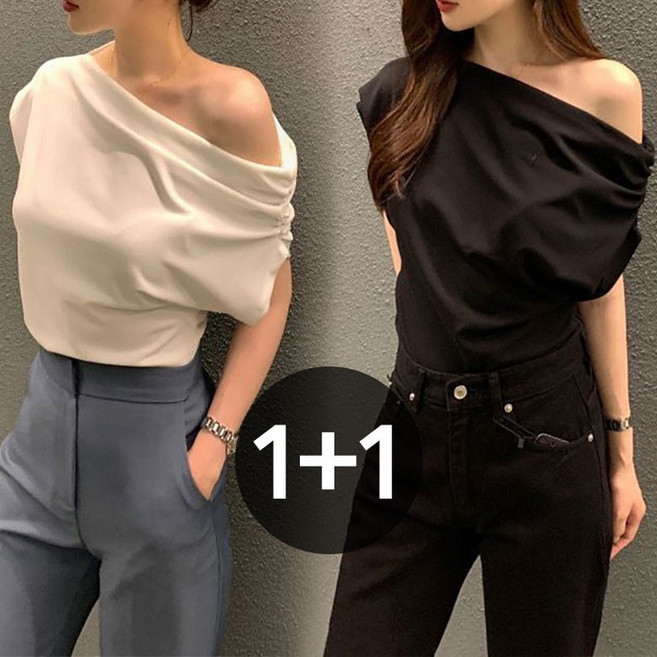 아이엠몽 여성 데일리핏 오프숄더 언밸런스 반소매 티셔츠 세트