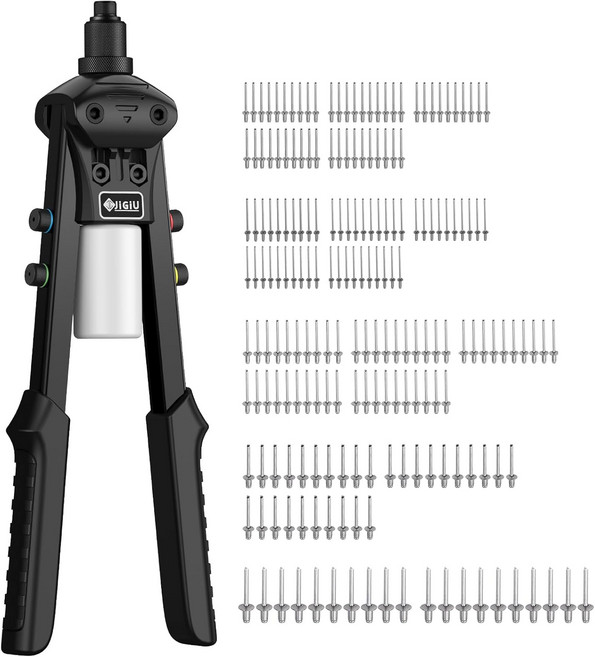 JiGiU 13.3 전문 리벳 건 도구 팝 키트 핸드 세트 200Pcs 2.4mm 3.2mm 4.0mm 4.8mm 6.4mm 자동차 철도 가구 계기용 도구-블랙