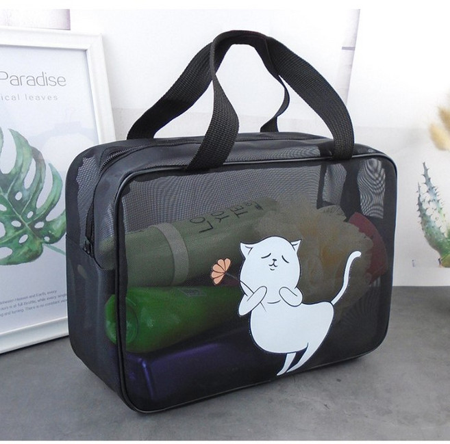 버블리데이 물빠지는 목욕가방 메쉬 목욕바구니 수영 스파 캐릭터, 꽃을 든 냥이, 1개