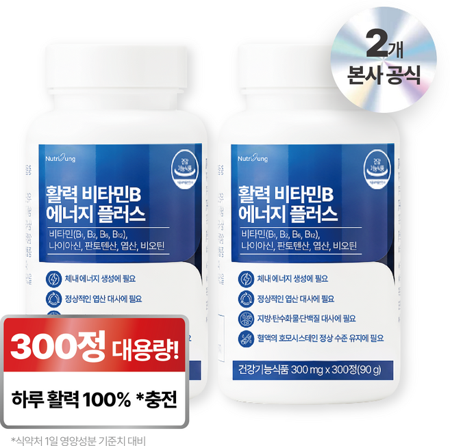 뉴트리정 활력 비타민B 에너지 플러스 대용량, 2개, 300정