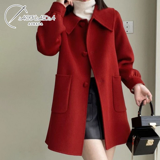 AOKADA 여성 간절기 하트 단추 빅 포켓 반코트 미디 모직 코트