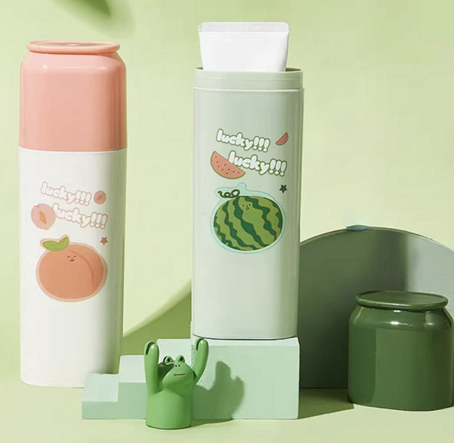 미셀즈픽 휴대용 귀여운 과일 캐릭터 양치컵 칫솔 케이스 2P세트, 1세트, 그린+피치