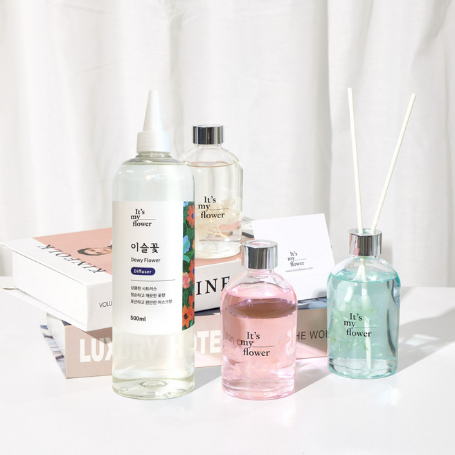 양재동꽃시장향 꽃집향 생화향을 담은 이슬꽃디퓨저와 대용량리필액 500ml, 화이트, 1세트, 이슬꽃