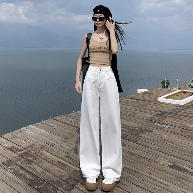 SAHINER 봄가을 여성 캐주얼 하이웨스트 루즈핏 와이드 데님 롱팬츠 BKZ12