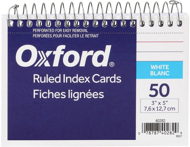 Oxford 나선형 유선 인덱스 카드 7.6 x 12.7cm3 x 5인치 화이트 팩당 50개 40282 467965