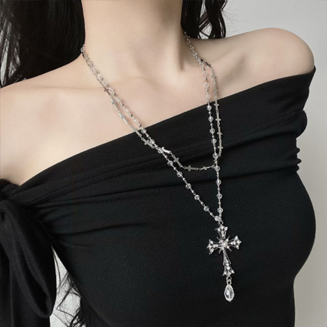 여성 유니크 빈티지 큐빅 비즈 십자가 더블 체인 롱 목걸이 A2778